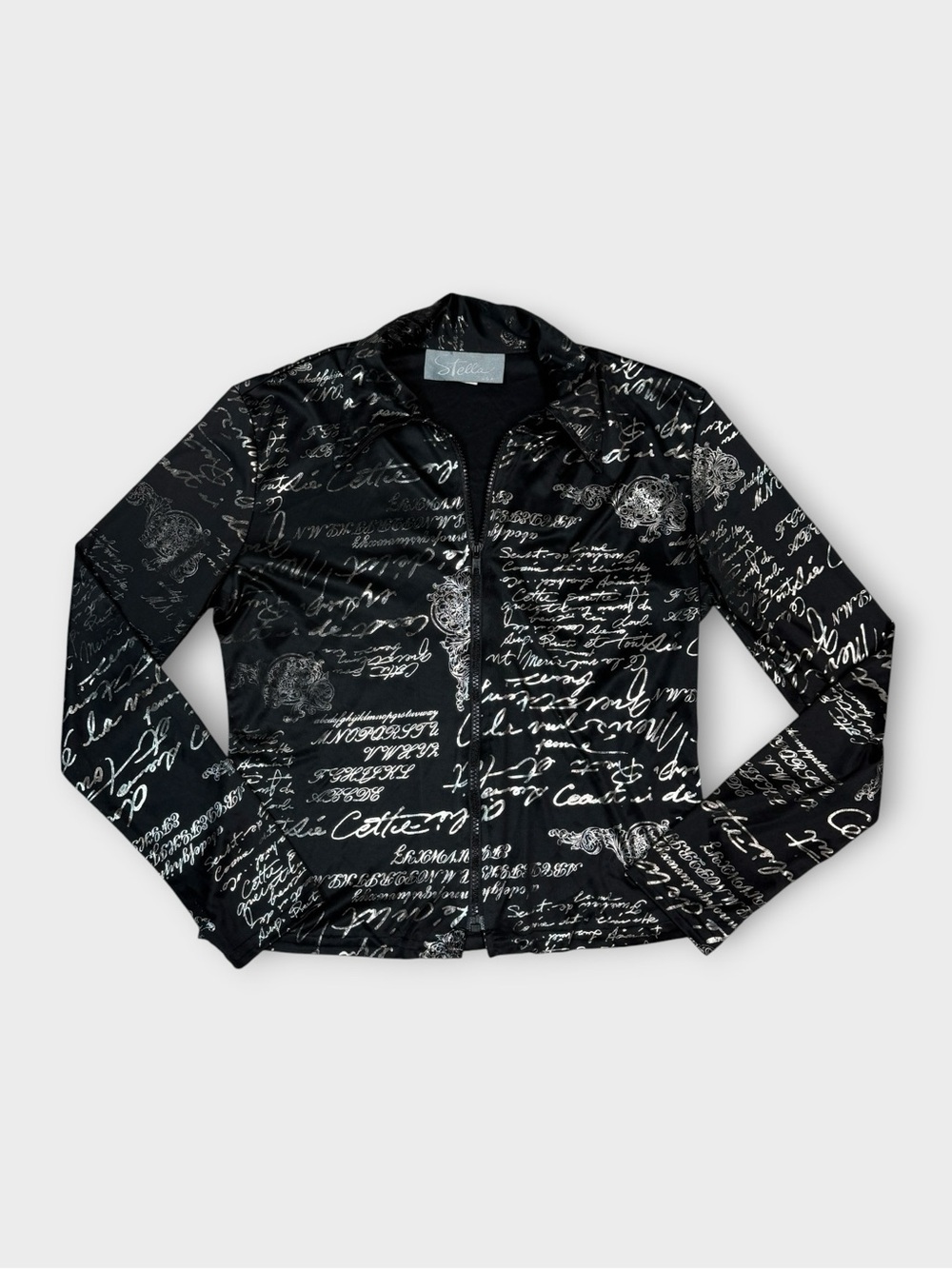 Stella U.S.A. Black Script Print Zip-Up Jacket Y2K Stretch Fitted Moto Top